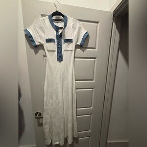White Knit Maxi Dress with Denim Trim